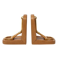 Vintage Gucci Bookends, Horsebit, Tan Leather Brass and Wood, Signed