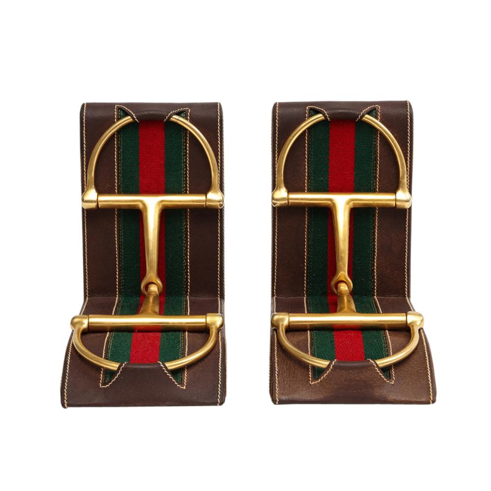 Mid-Century Modern Gucci Bookends, Leather, Brass, Horsebit, Signed
