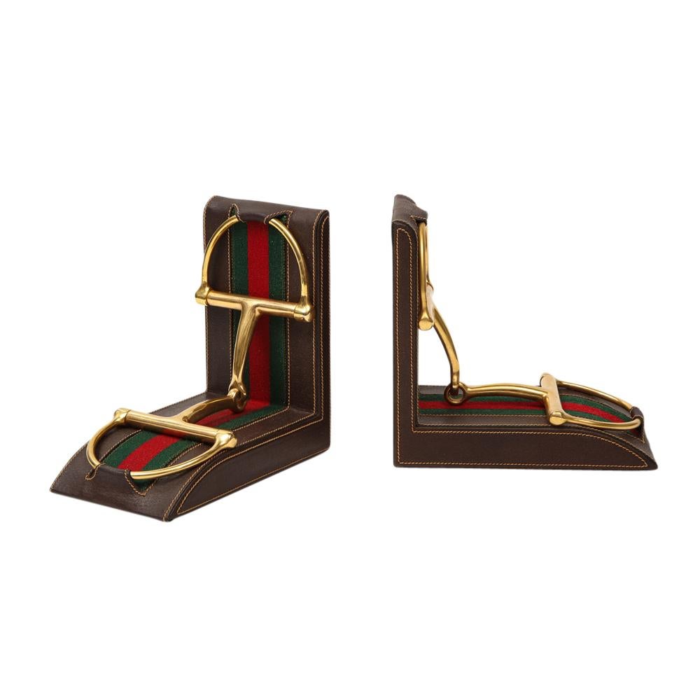 Gucci Bookends, Leather, Brass, Horsebit, Signed In Good Condition In New York, NY