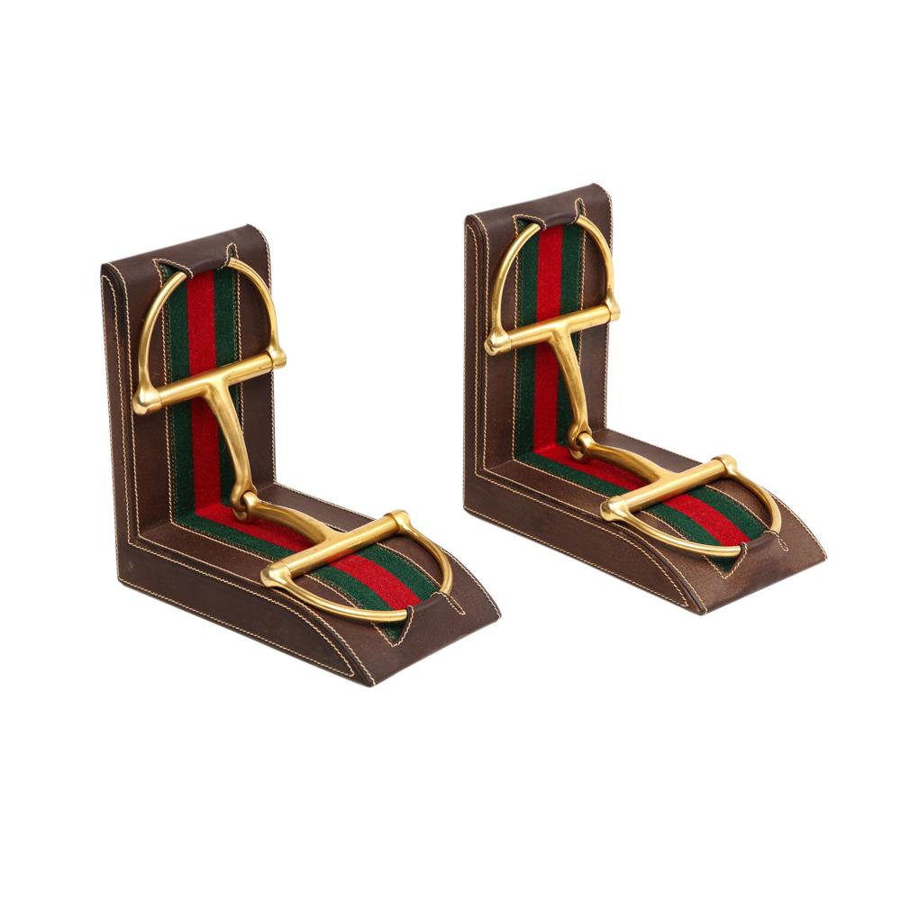 Hand-Crafted Gucci Bookends, Leather, Brass, Horsebit, Signed