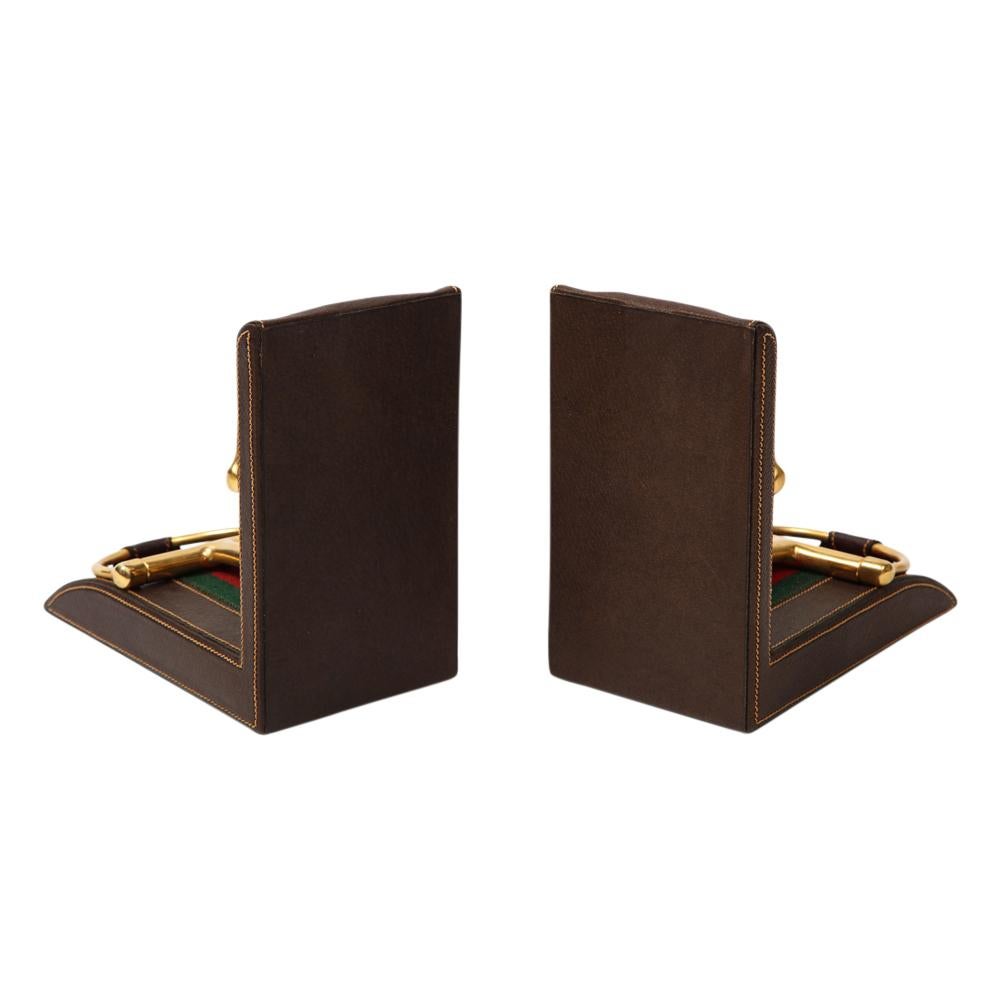 Gucci Bookends, Leather, Brass, Horsebit, Signed 1