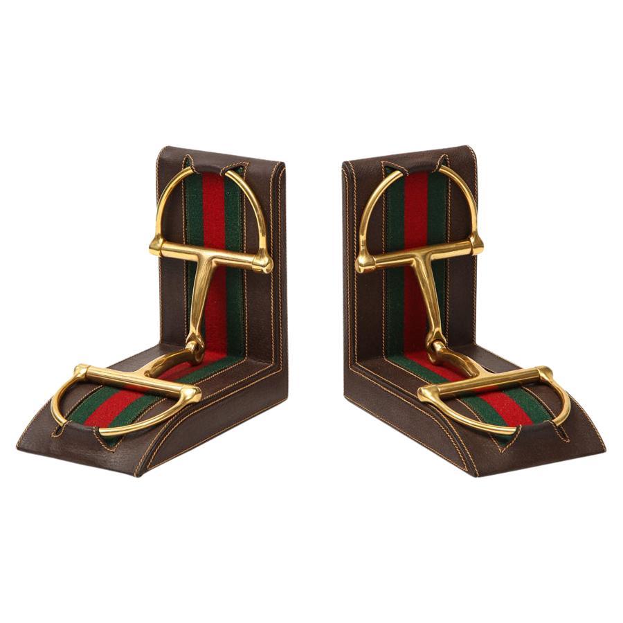 Gucci Bookends, Leather, Brass, Horsebit, Signed