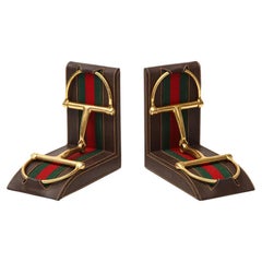 Vintage Gucci Bookends, Leather, Brass, Horsebit, Signed