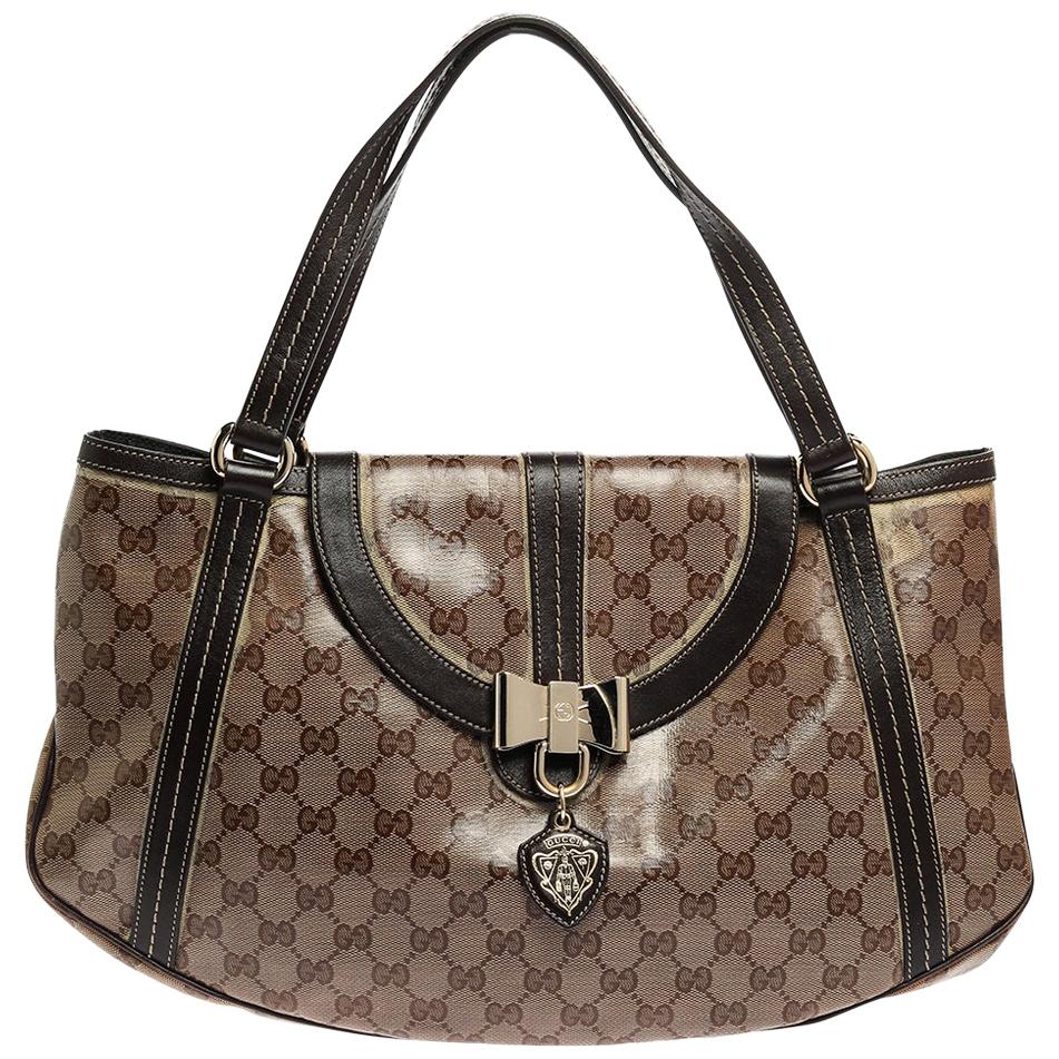 Gucci Borwn/Beige GG Crystal Canvas and Leather Duchessa Flap Shoulder ...