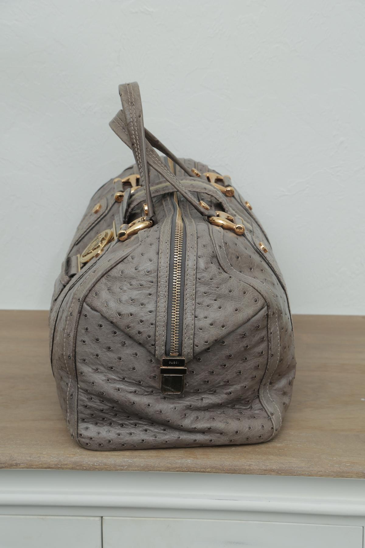 Gucci Boston Aviatrix Grey Ostrich Weekend/Travel Bag For Sale 1