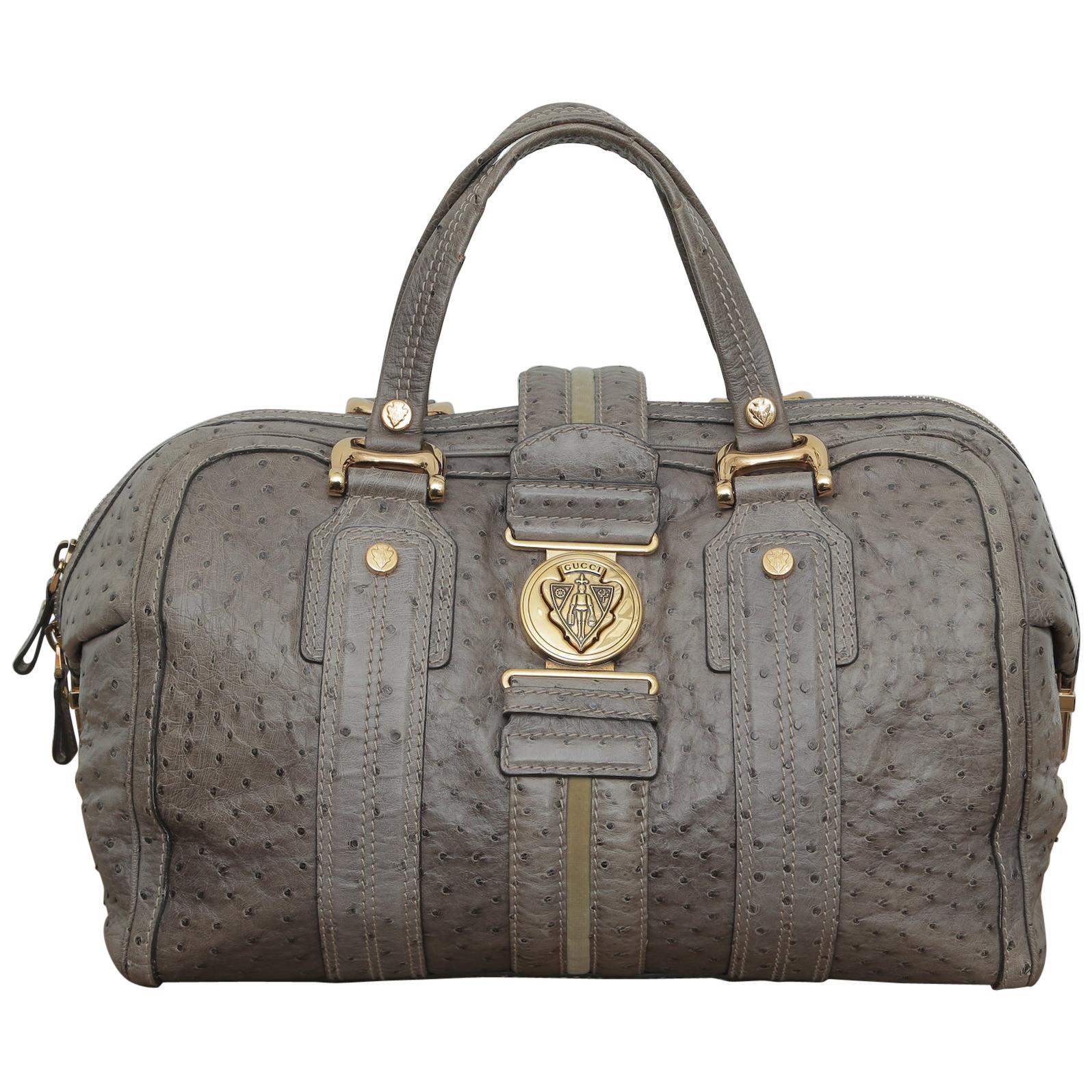 Gucci Boston Aviatrix Grey Ostrich Weekend/Travel Bag For Sale