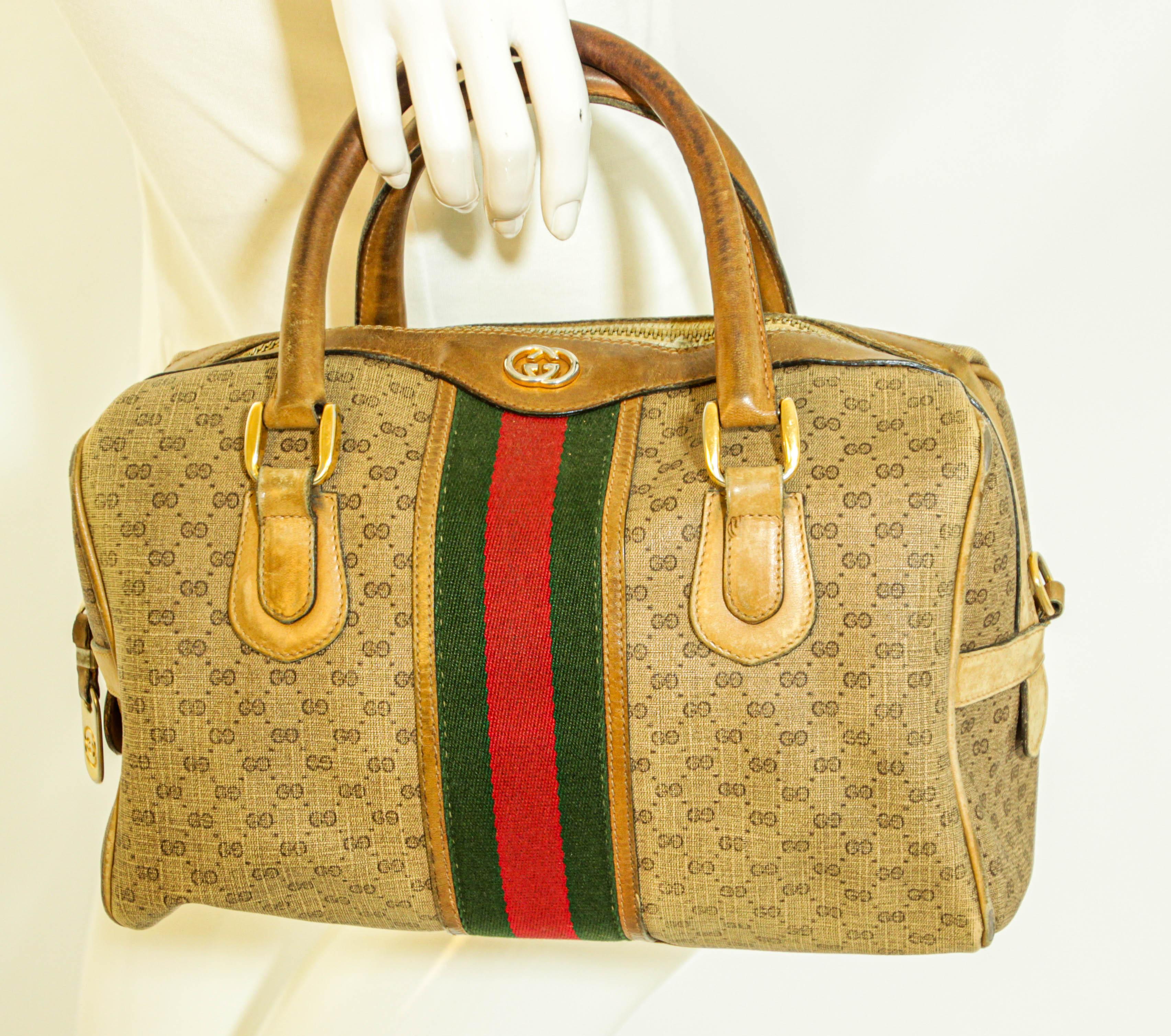 Brown GUCCI Boston Bag Web GG Supreme Monogram Vintage Gucci 1970s For Sale