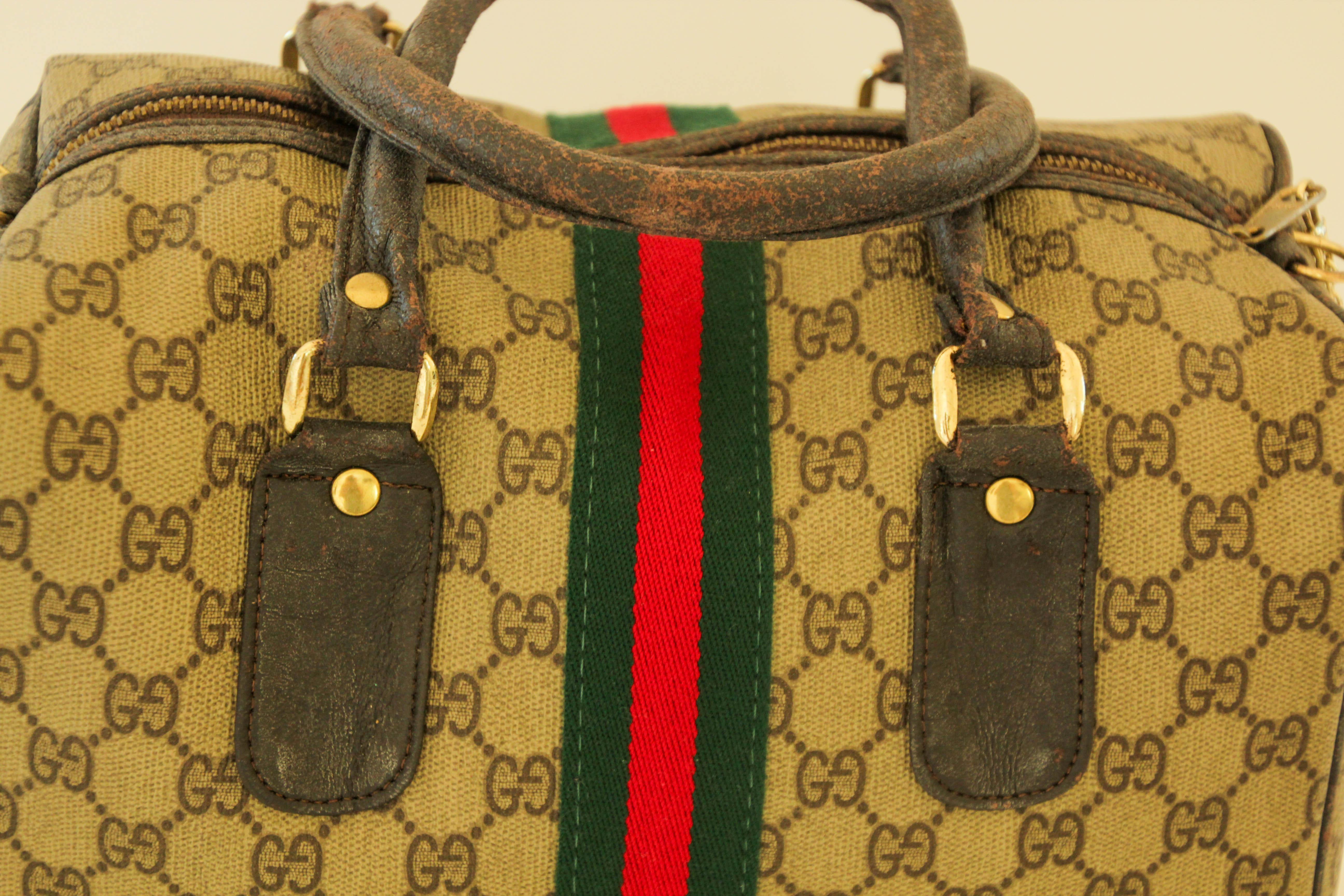 GUCCI Ophidia Boston Bag Web GG Supreme Monogram Vintage Gucci 1970s In Good Condition In North Hollywood, CA