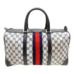Vintage Gucci Boston Large Sherry Navy Monogram Web 230939 Blue Coated Canvas Satchel