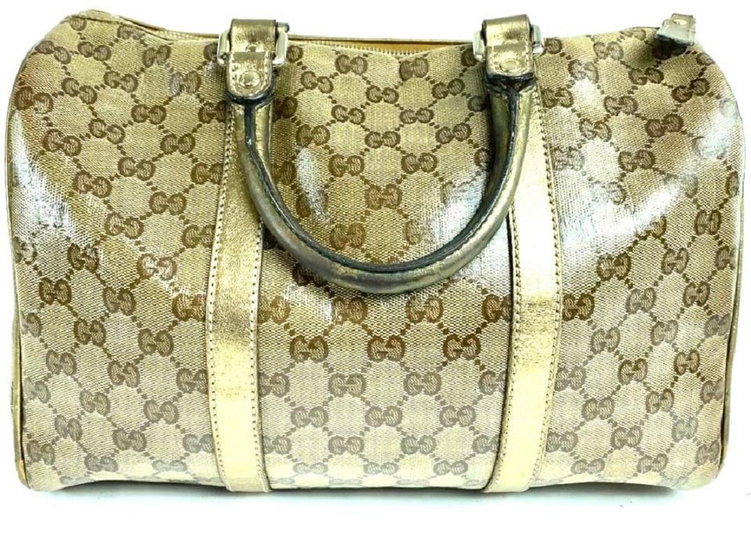 Beige Gucci Boston Monogram Gg Crystal Joy 5a610 Brown Gold Coated Canvas Satchel For Sale