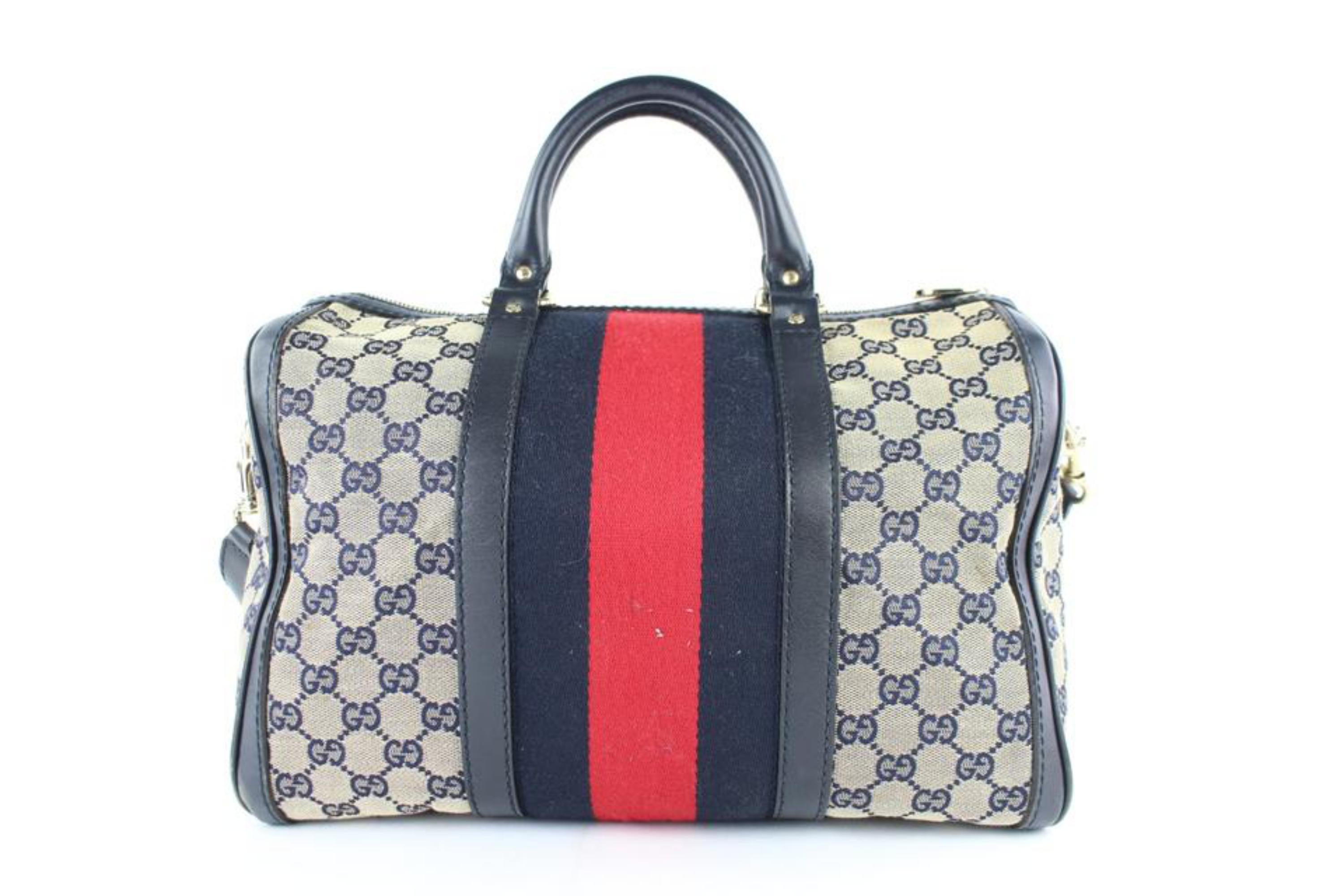 Gucci Boston Navy Sherry Web J Strap 4gj0111 Blue Canvas Weekend/Travel Bag For Sale 1