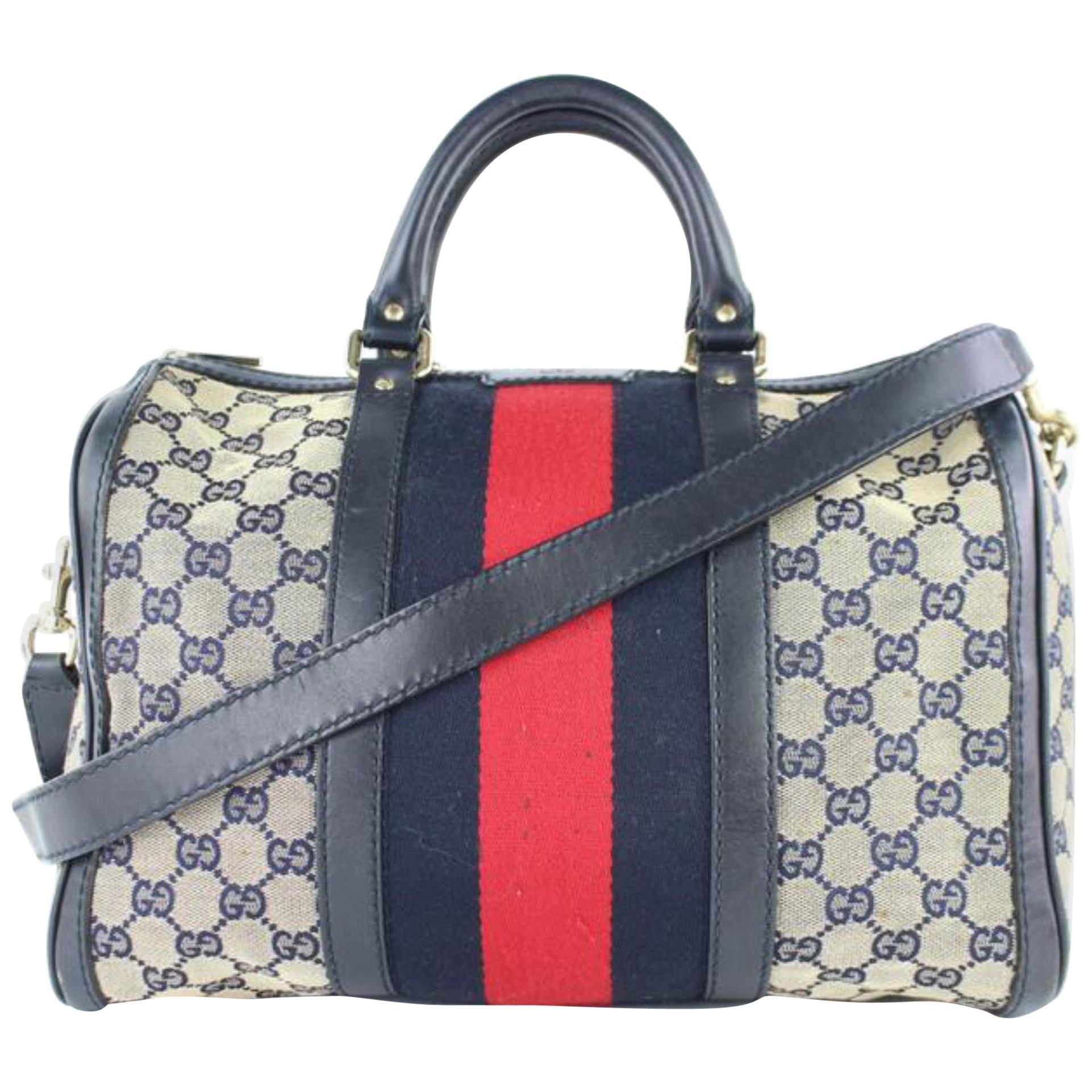 Gucci Boston Navy Sherry Web J Strap 4gj0111 Blue Canvas Weekend/Travel Bag For Sale