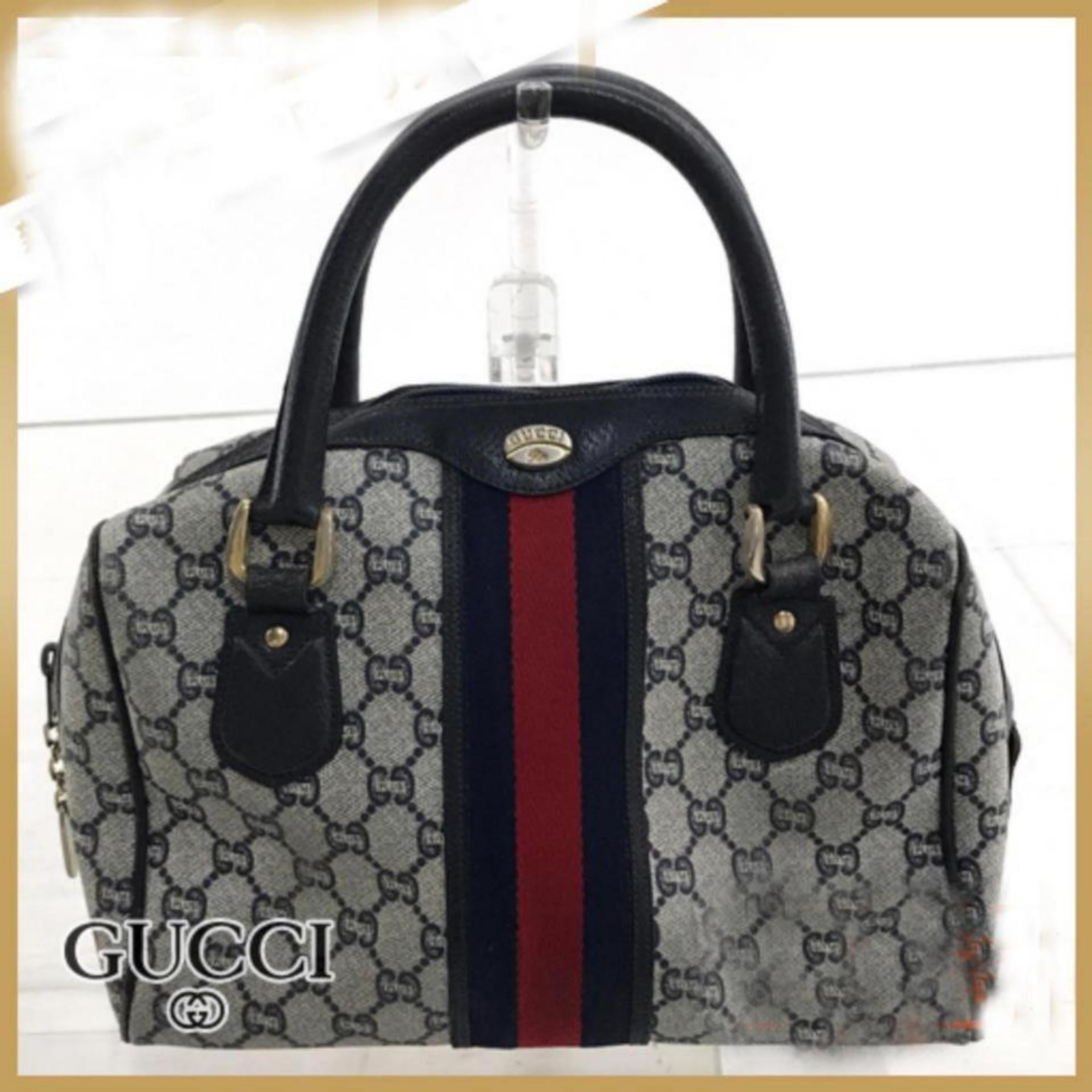 Gucci Boston Navy Supreme Sherry Monogram Web 228734 Blue Coated Canvas Satchel In Fair Condition For Sale In Forest Hills, NY