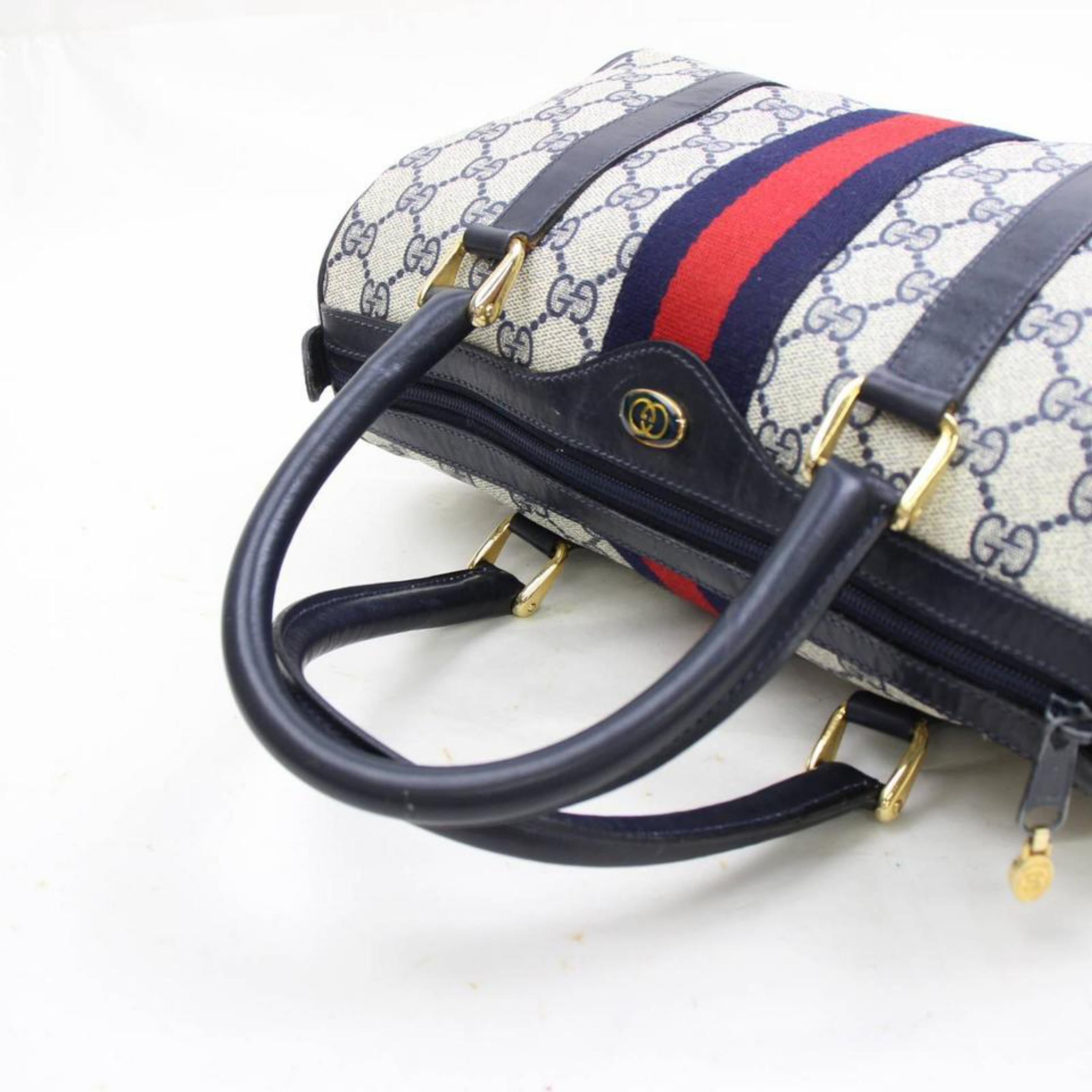 Gucci Boston Supreme Navy Sherry Web Joy 868181 Blue Coated Canvas Satchel In Good Condition In Forest Hills, NY