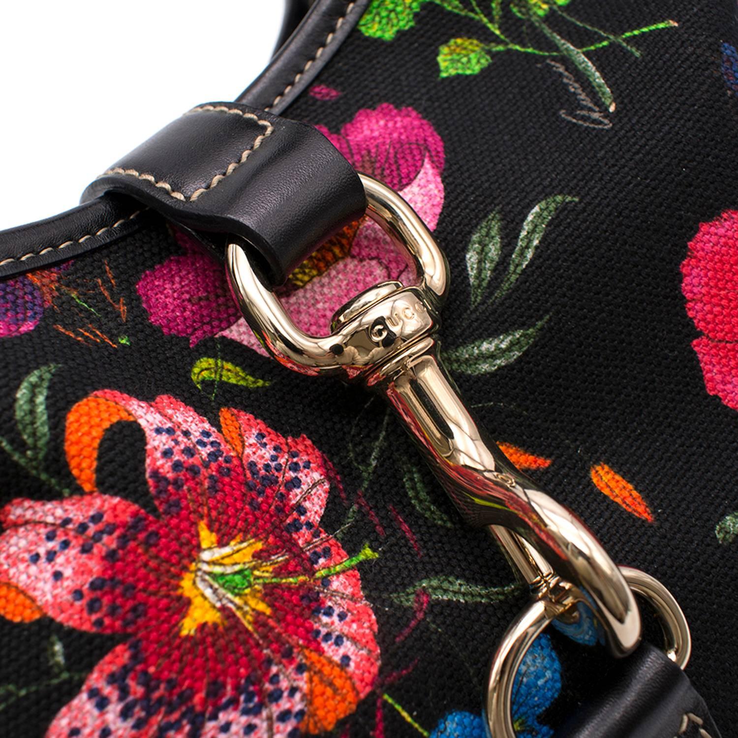 Gucci Botanical Black Floral Canvas Bag In Excellent Condition For Sale In London, GB