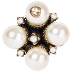 GUCCI brass METALLIC TEXTURED & PEARL BUDS Ring Sz 7.5