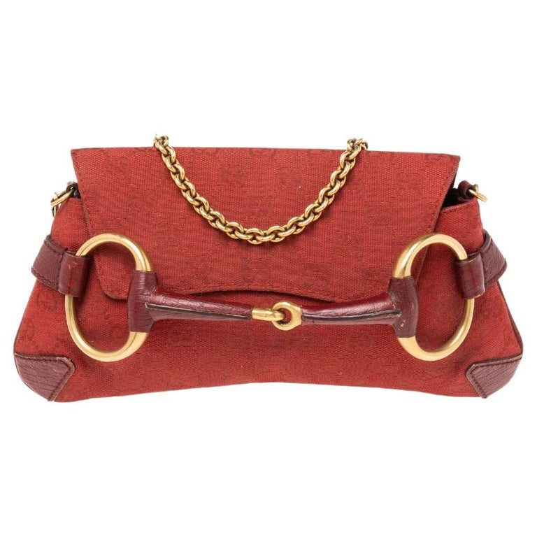 Gucci Brick Red GG Canvas Horsebit Chain Clutch For Sale at 1stDibs