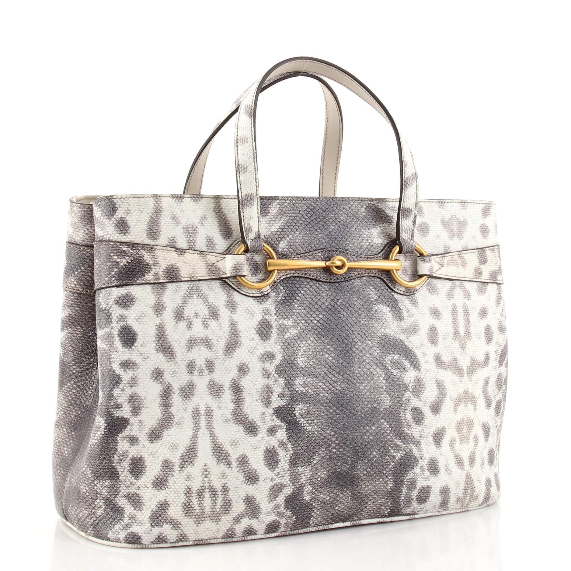 Gray Gucci Bright Bit Convertible Tote Python Embossed Leather Medium