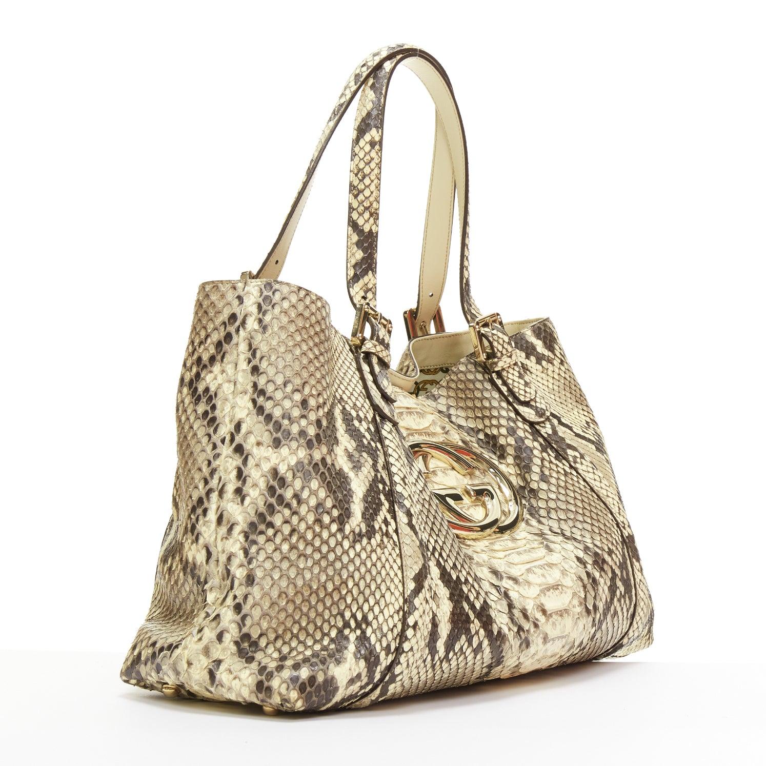 GUCCI Britt beige brown natural scaled leather GG logo shoulder tote bag In Good Condition In Hong Kong, NT