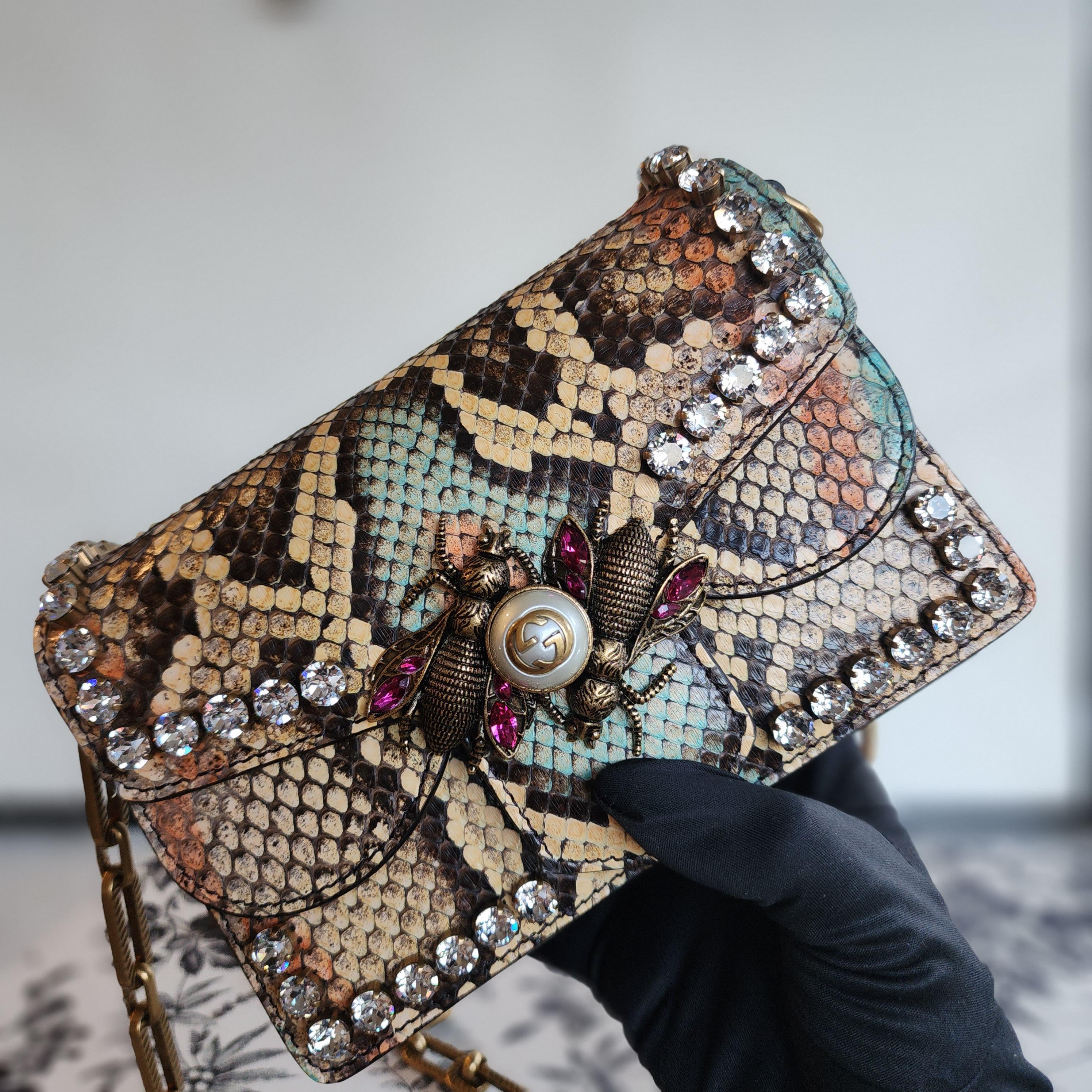 GUCCI Broadway Bee Python Skin Mini In New Condition For Sale In Brampton, ON