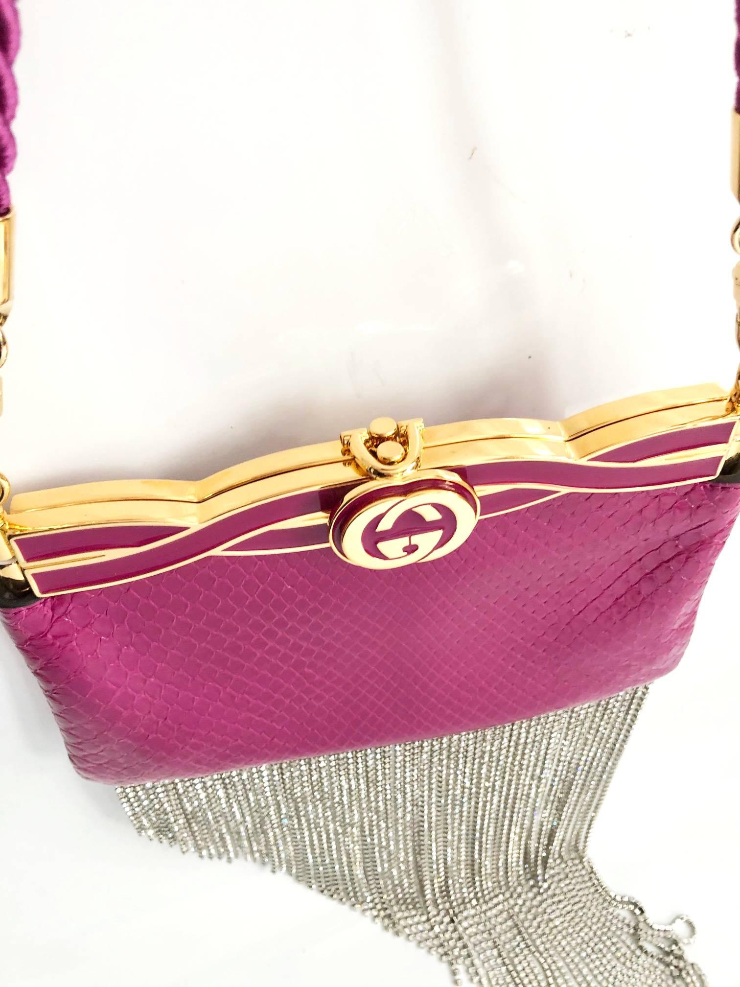 GUCCI Broadway Crystal Fringed Pink Clutch Bag In Excellent Condition In London, GB