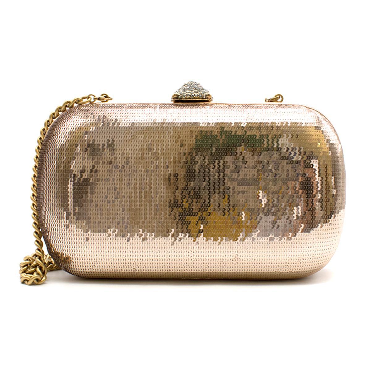 Gucci Broadway Gold Sequin Embroidery Clutch

- Antiqued gold-tone hardware
- Single chain-link shoulder strap
- Multicolor crystal embellishments throughout exterior
- Pink leather interior
- Slit pocket at interior wall 
- Crystal embellished