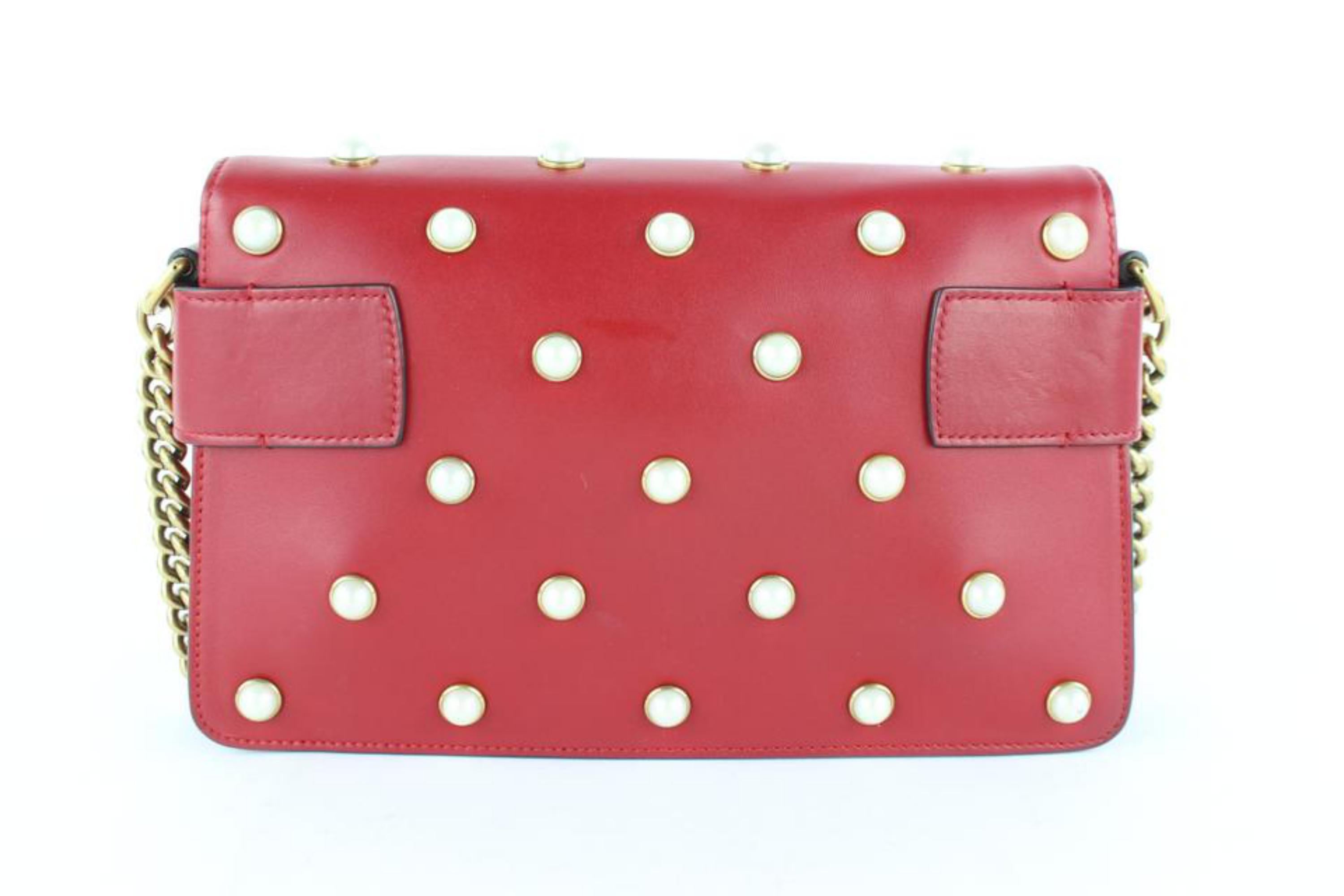Gucci Broadway Pearl Studded Mini Bee Chain Flap 10gz1113 Red Leather Cross Body For Sale 3
