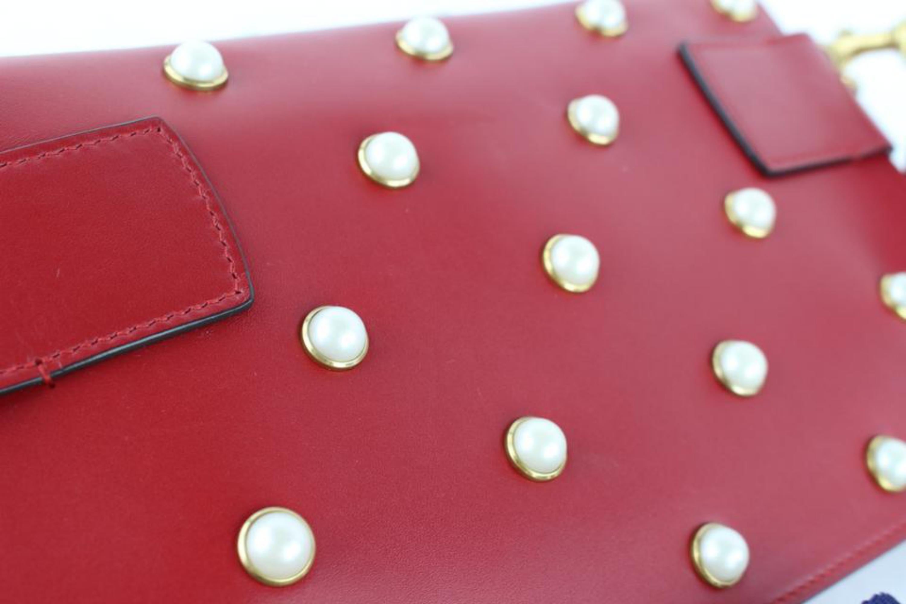 Gucci Broadway Pearl Studded Mini Bee Chain Flap 10gz1113 Red Leather Cross Body For Sale 5