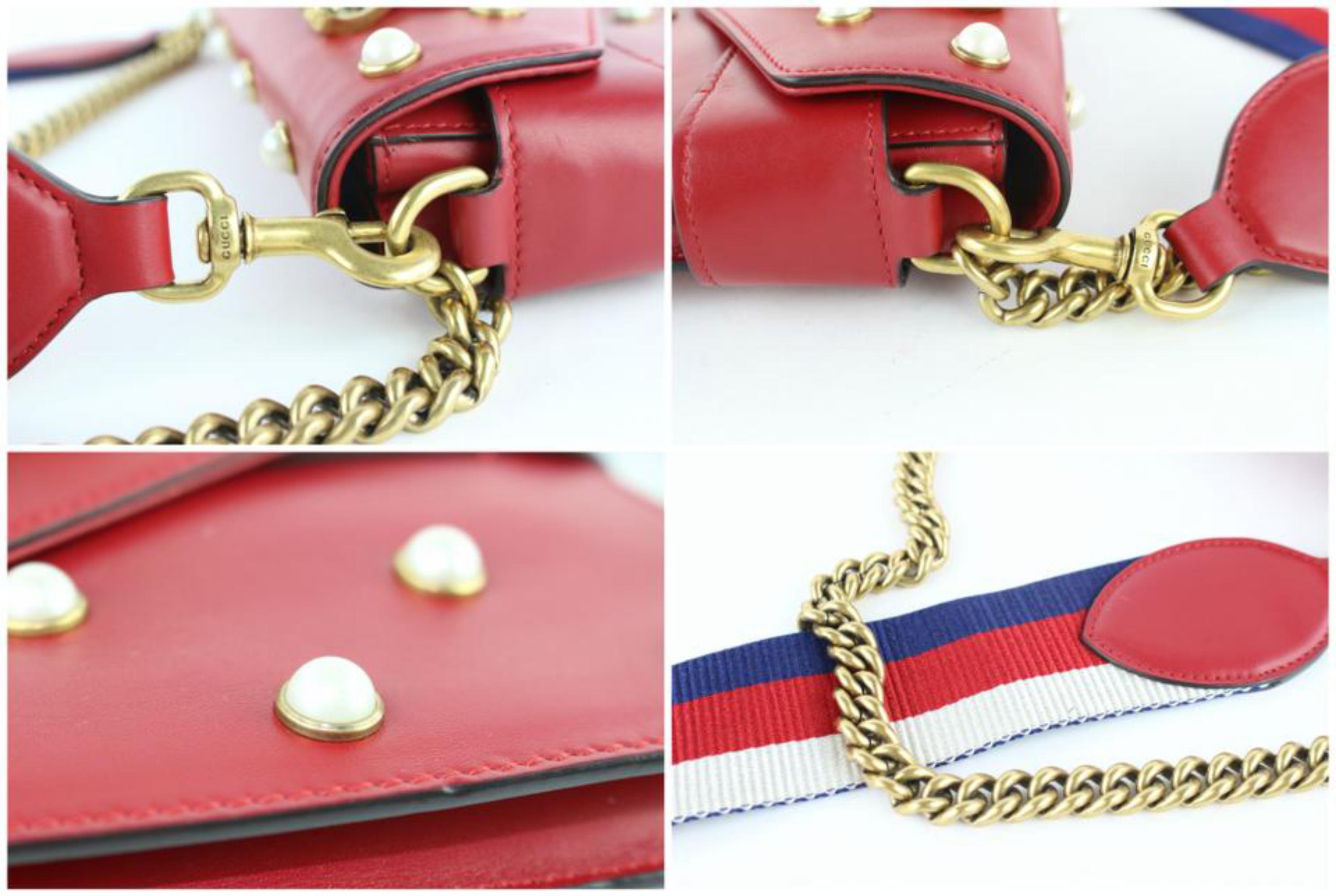 Gucci Broadway Pearl Studded Mini Bee Chain Flap 10gz1113 Red Leather Cross Body For Sale 2