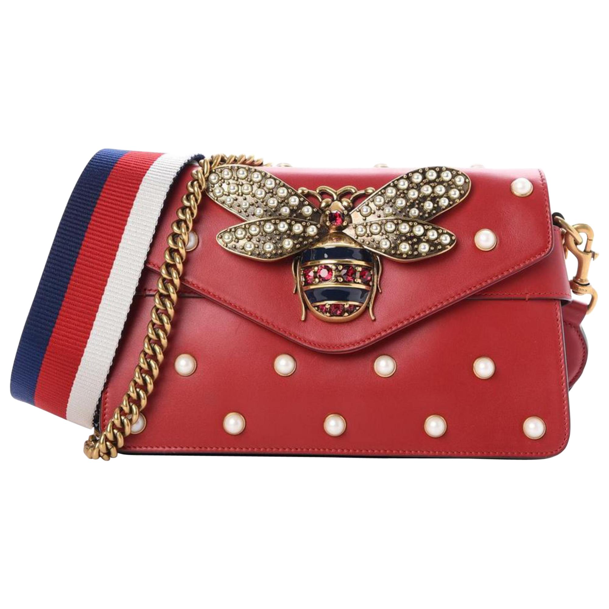 Gucci Broadway Pearl Studded Mini Bee Chain Flap 10gz1113 Red Leather Cross Body For Sale
