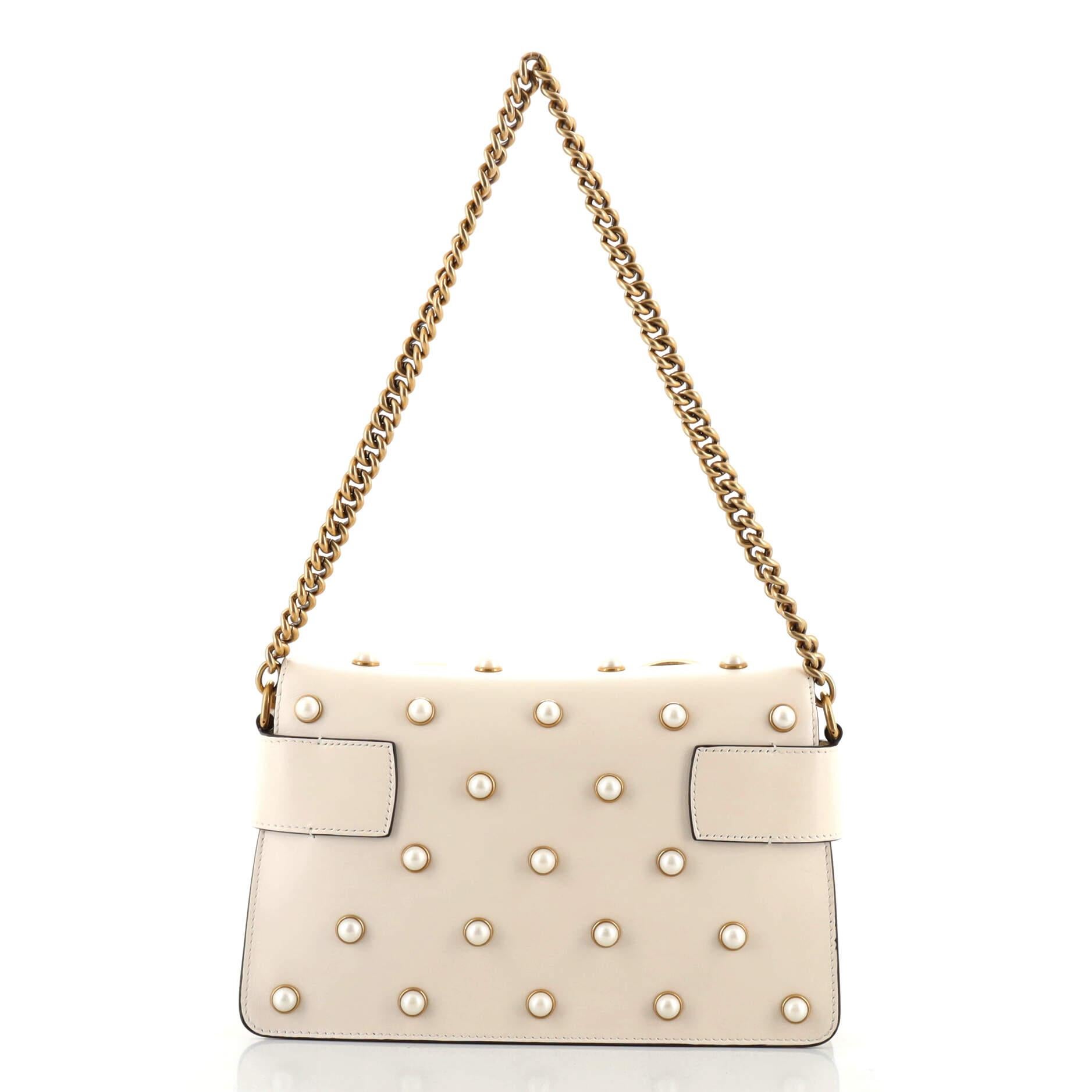Beige Gucci Broadway Pearly Bee Shoulder Bag Embellished Leather Mini