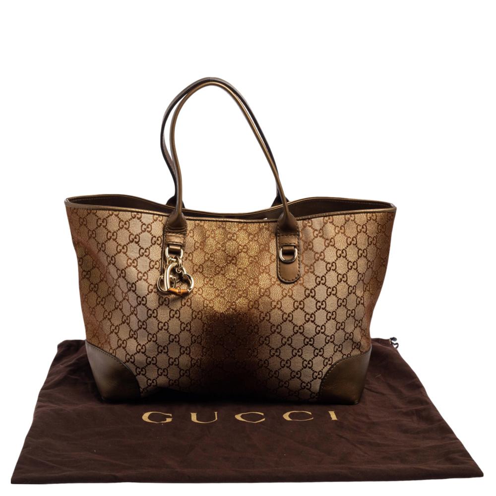 Gucci Bronze/Beige GG Shimmer Canvas and Leather Medium Heart Bit Charm Tote 10