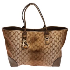 Gucci Bronze/Beige GG Shimmer Canvas and Leather Medium Heart Bit Charm Tote