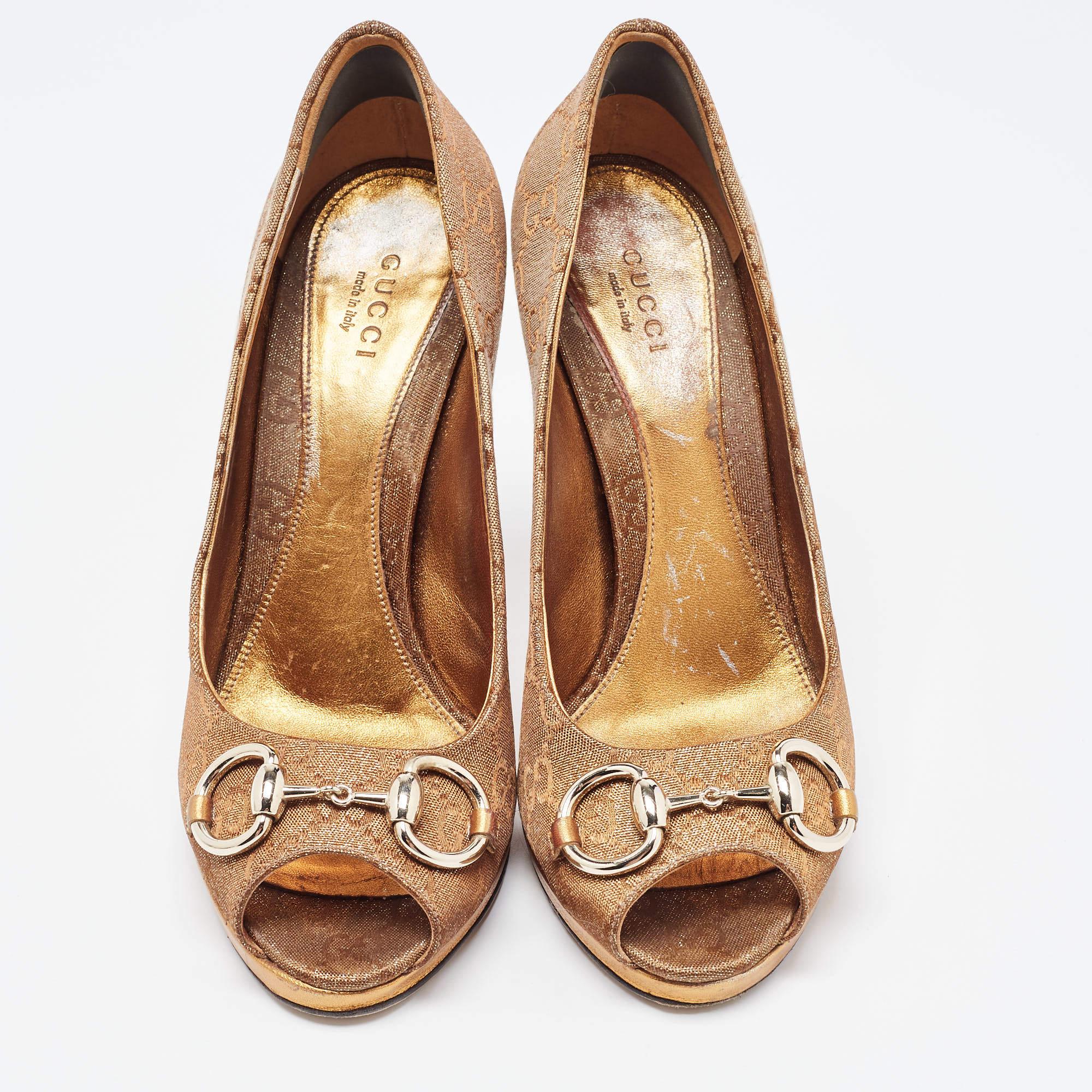 Brown Gucci Bronze GG Canvas and Leather New Hollywood Horsebit Peep Toe Pumps Size 37