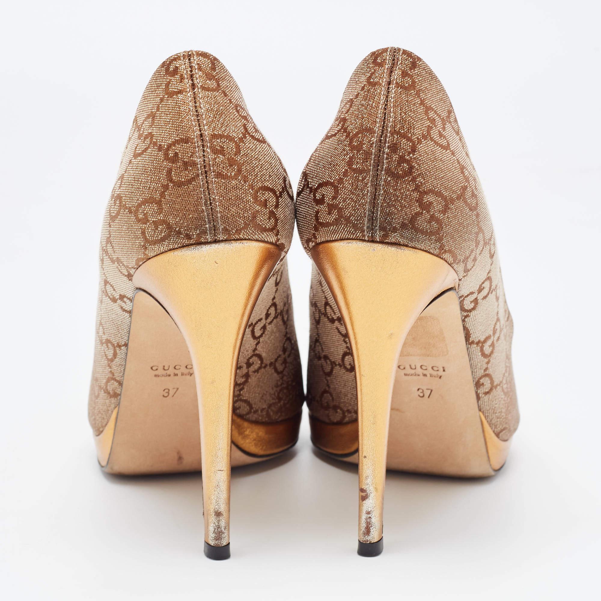 Women's Gucci Bronze GG Canvas and Leather New Hollywood Horsebit Peep Toe Pumps Size 37