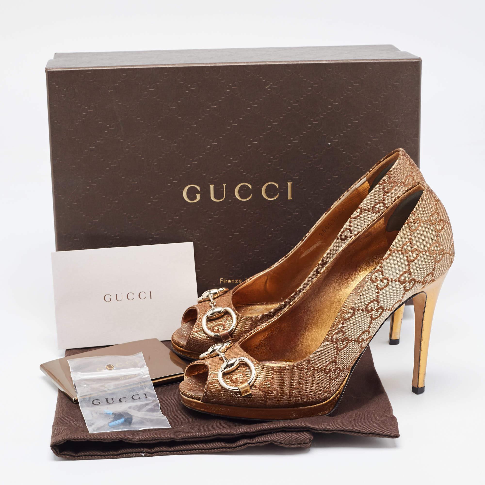 Gucci Bronze GG Canvas and Leather New Hollywood Horsebit Peep Toe Pumps Size 37 4
