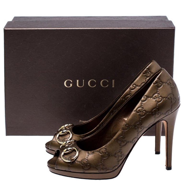 Gucci Bronze Guccissima Leather New Hollywood Horsebit Peep Toe Pumps ...