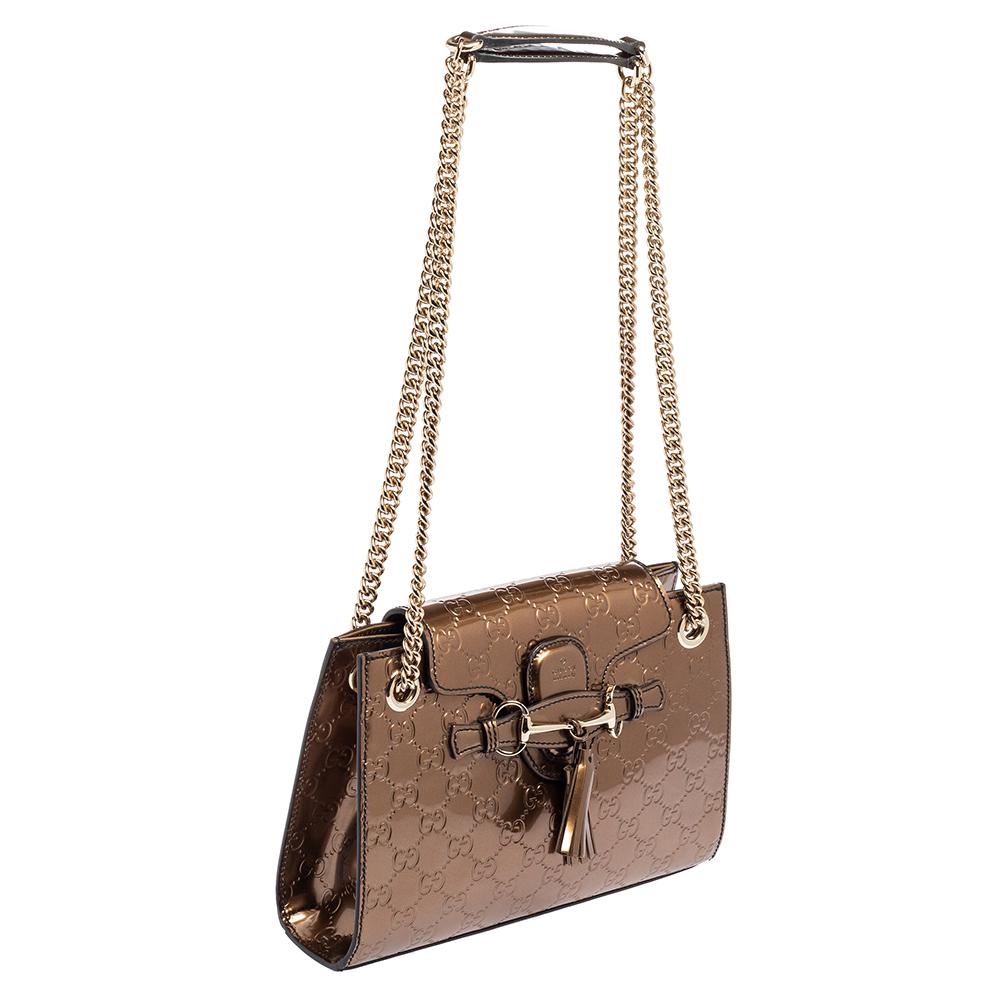 Gucci Bronze Guccissima Mirrored Leather Small Emily Chain Shoulder Bag In Excellent Condition In Dubai, Al Qouz 2