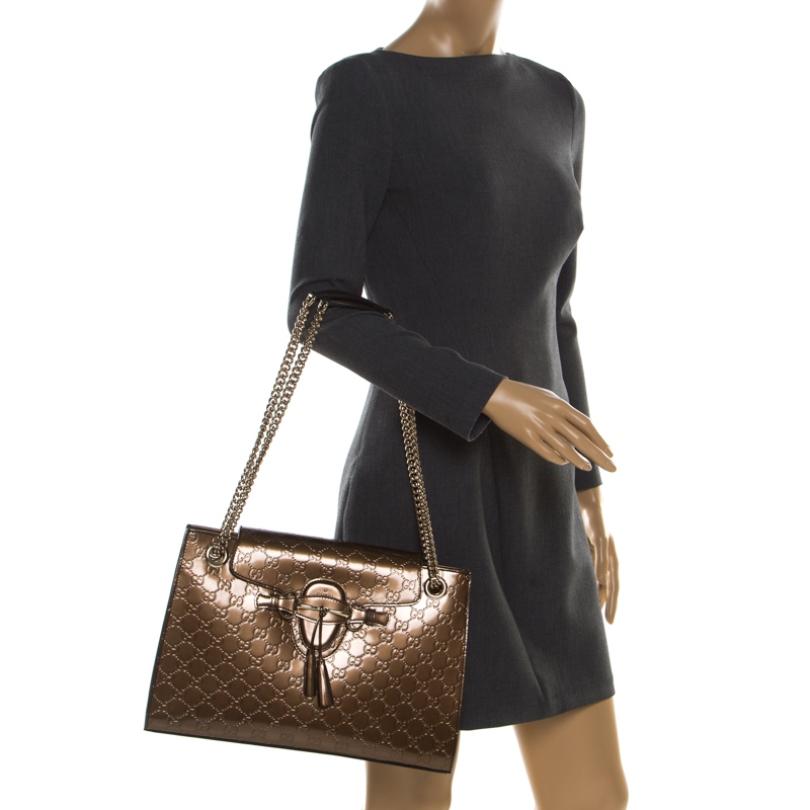 Black Gucci Bronze Guccissima Patent Leather Large Emily Chain Shoulder Bag