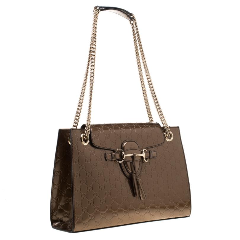 Gucci Bronze Guccissima Patent Leather Large Emily Chain Shoulder Bag In Excellent Condition In Dubai, Al Qouz 2