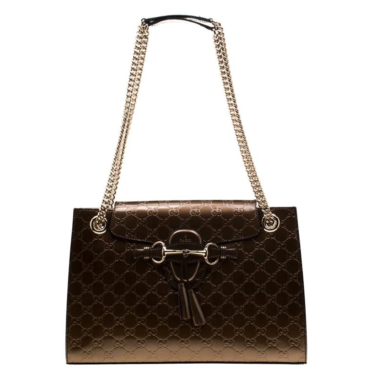 Gucci Bronze Guccissima Patent Leather Large Emily Chain Shoulder Bag ...