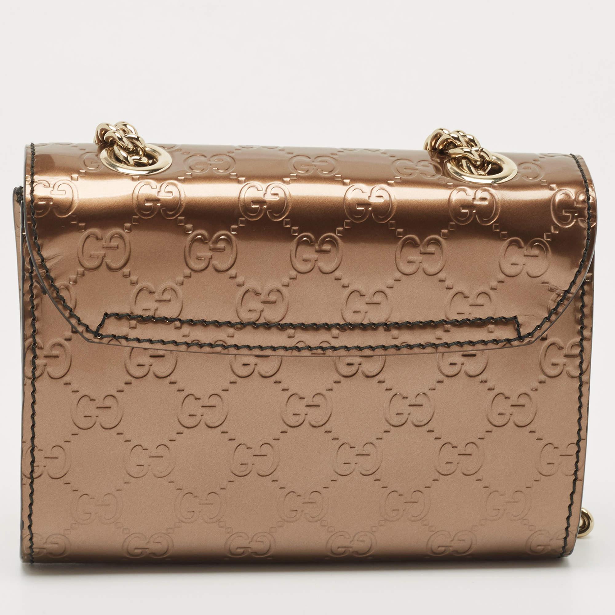 Gucci Bronze Guccissima Patent Leather Mini Emily Chain Shoulder Bag In Good Condition In Dubai, Al Qouz 2
