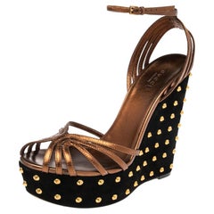 Gucci Bronze Leather And Black Suede Studded Wedge Platform Sandals Size 39