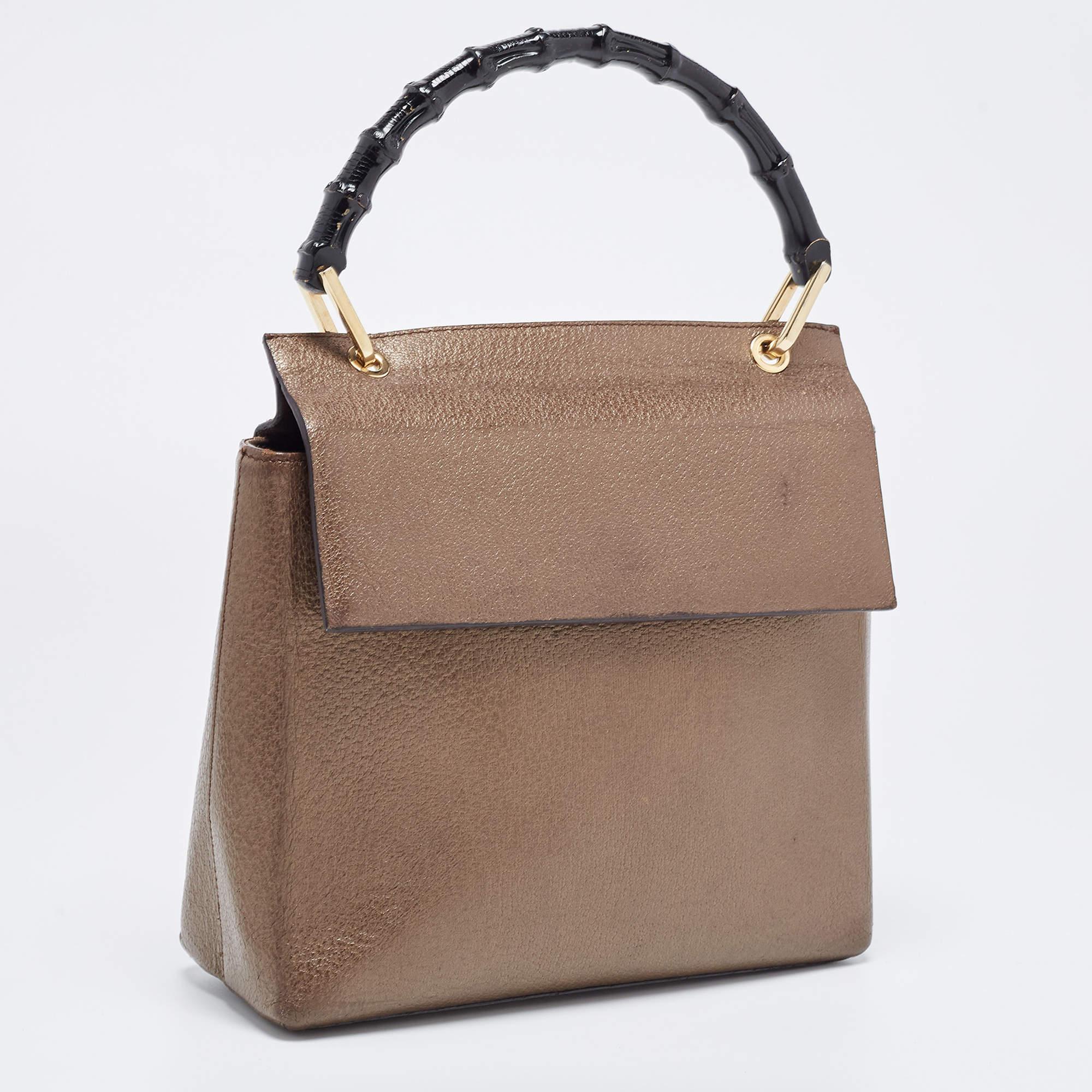 Gucci Bronze Leather Bamboo Flap Top Handle Bag In Good Condition For Sale In Dubai, Al Qouz 2