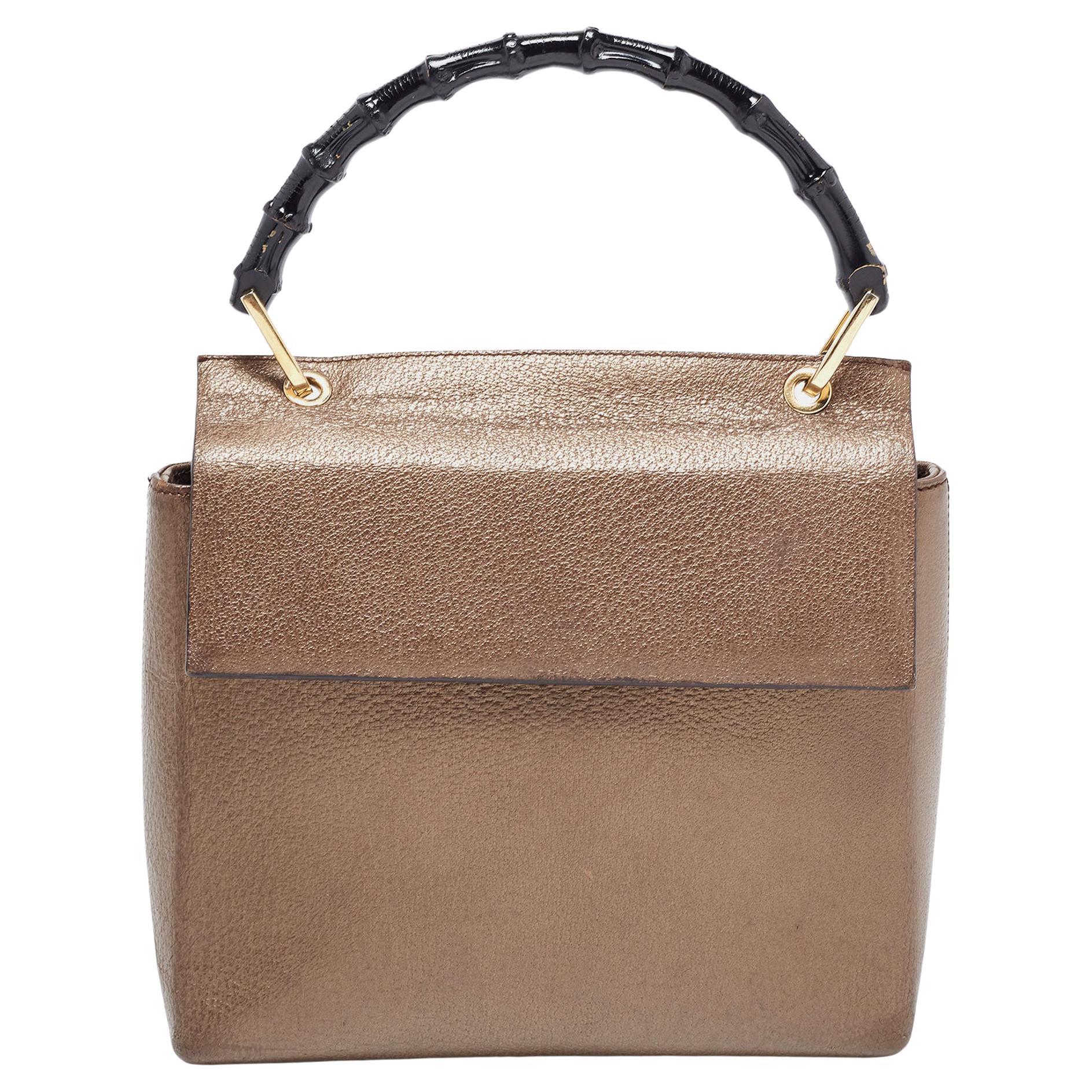 Gucci Bronze Leather Bamboo Flap Top Handle Bag For Sale