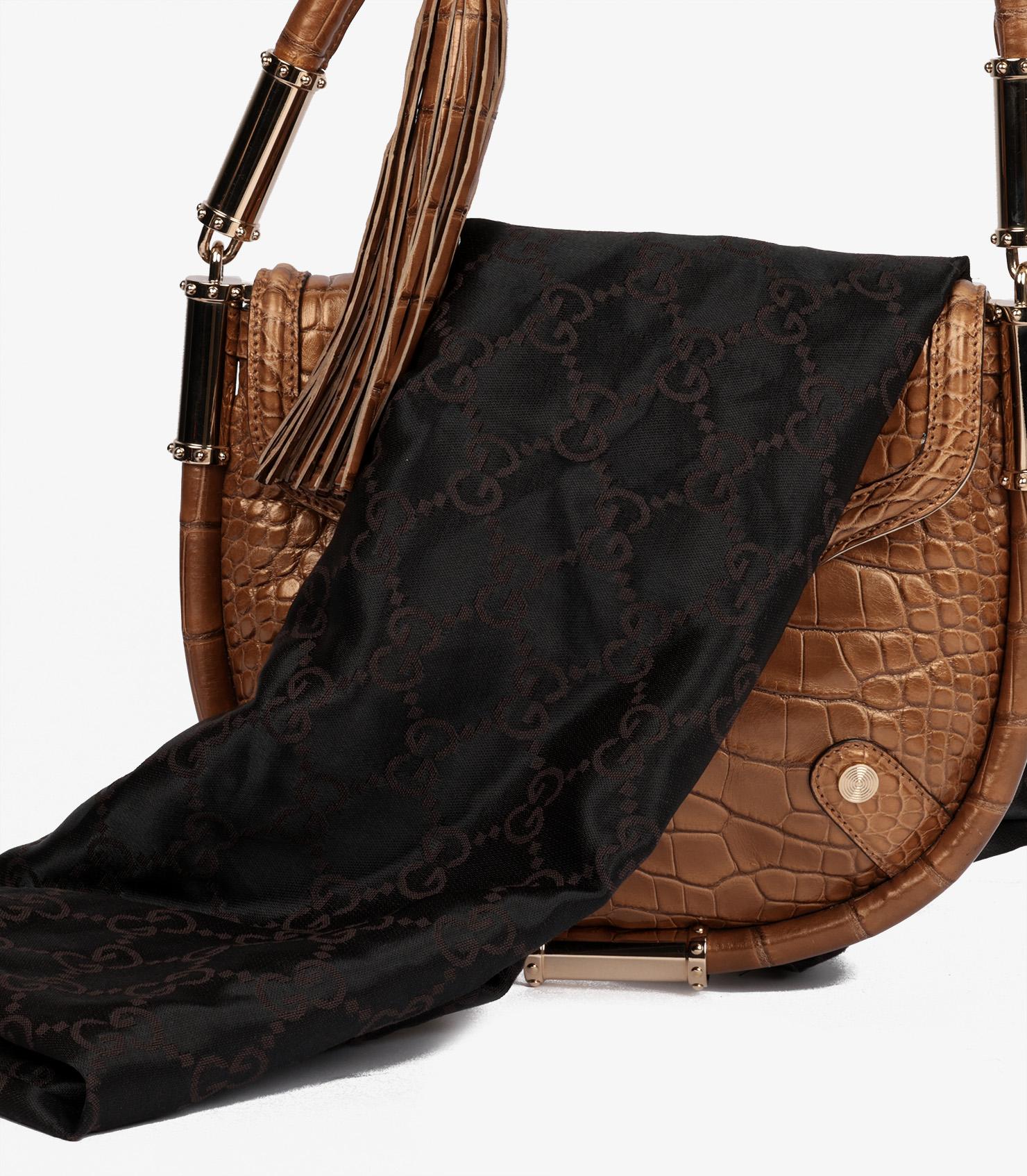 Gucci Bronze Metallic Alligator Leather Vintage Britt Tassel Flap Bag im Angebot 6