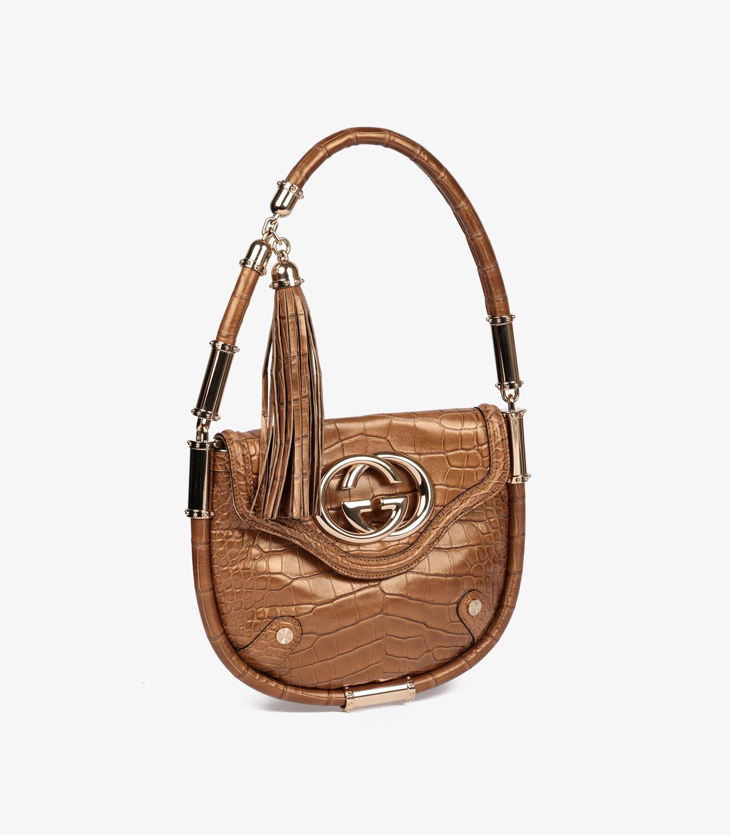 Gucci Bronze Metallic Alligator Leather Vintage Britt Tassel Flap Bag (Braun) im Angebot