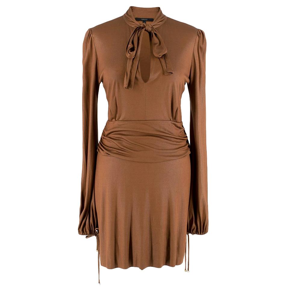 Gucci Bronze Metallic Pussy Bow Draped Dress - Size US 6 For Sale