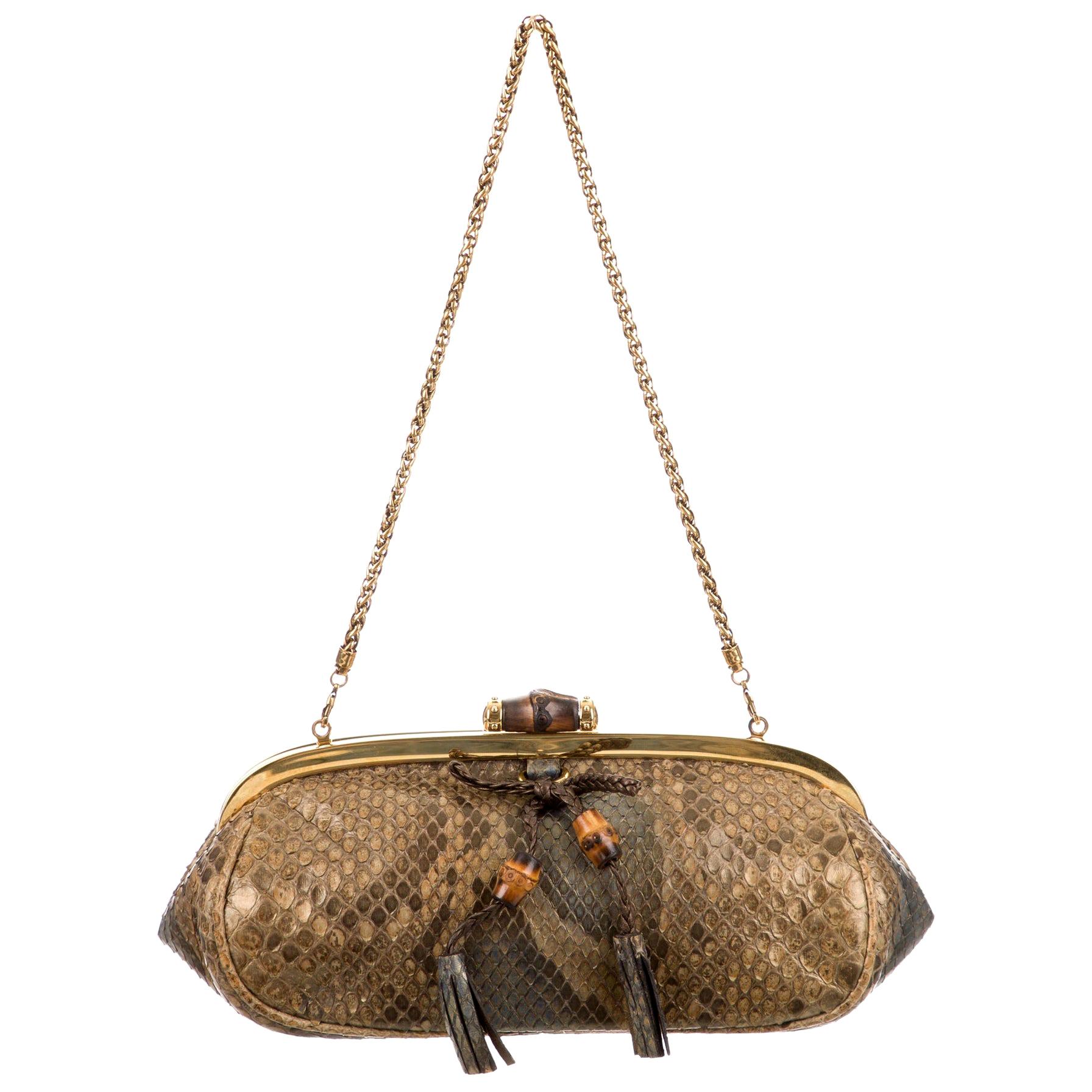 Gucci Bronze Snake Skin Mini Exotic Bamboo Party Evening Minaudière Clutch Bag For Sale