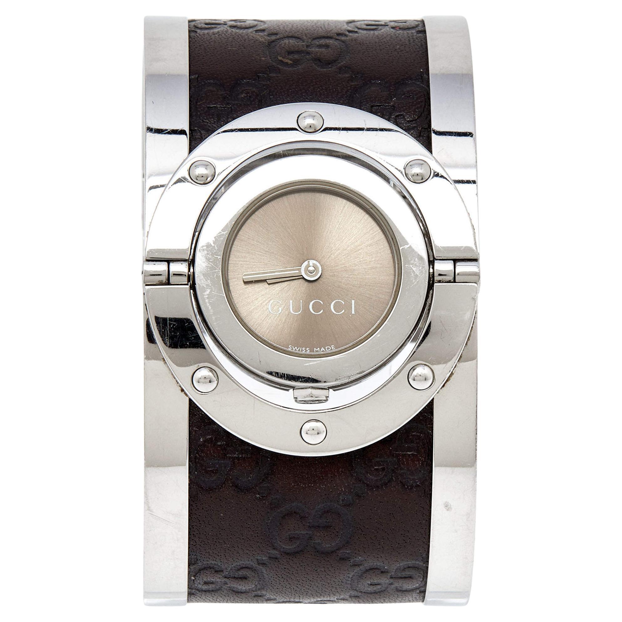 Gucci Bronze Stainless Steel Leather Twirl YA112433 Women's Wristwatch 23 mm